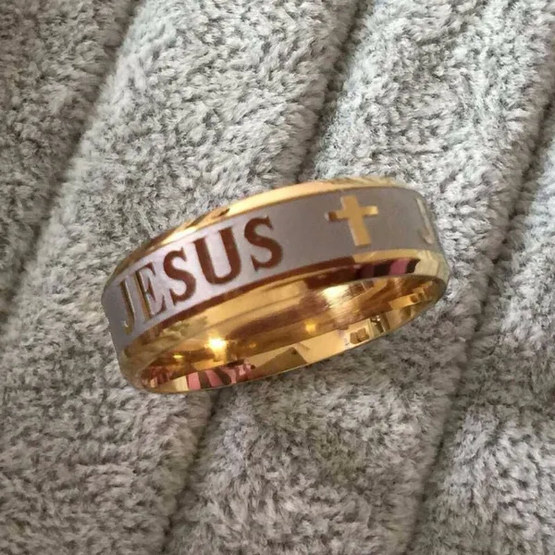 High quality large size 8mm 316 Titanium Steel 18K silver gold plated jesus cross Letter bible wedding band ring men women