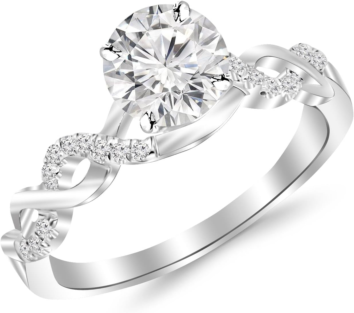 1.13 Carat Twisting Infinity Gold and Diamond Split Shank Pave Set Diamond Engagement Ring 14K White Gold with a 1 Carat H-I Color, I3 Clarity Center