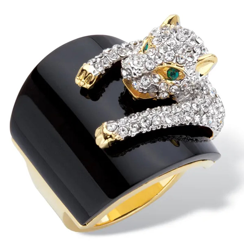 Genuine Black Onyx and Round Crystal Leopard Cocktail Ring with Green Crystal Accents Gold-Plated