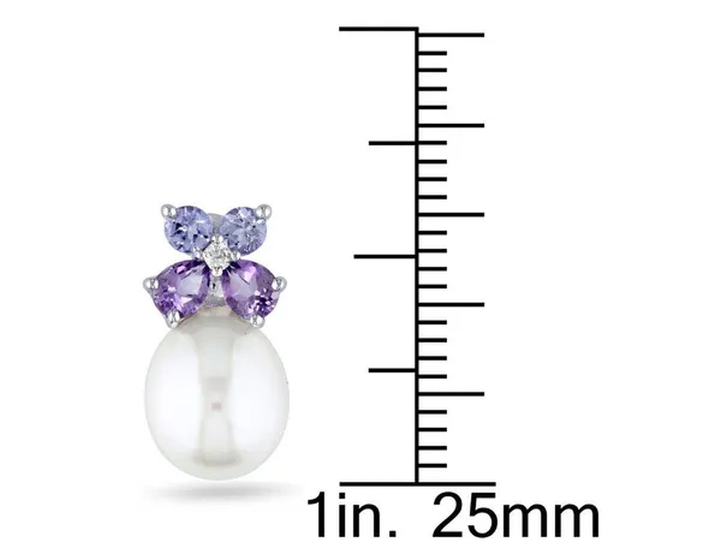White Freshwater Cultured Pearl 8-8.5mm with Diamond, Tanzanite and Amethyst Stud Earrings In Sterling Silver
