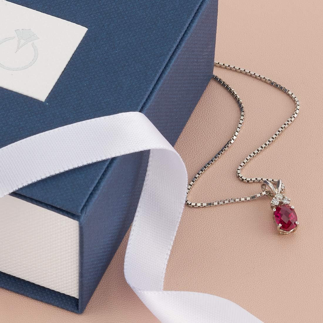 Solid 14K White Gold Created Ruby with Genuine Diamonds Pendant for Women, Dainty Solitaire, Oval Shape, 7X5Mm, 1 Carat Total