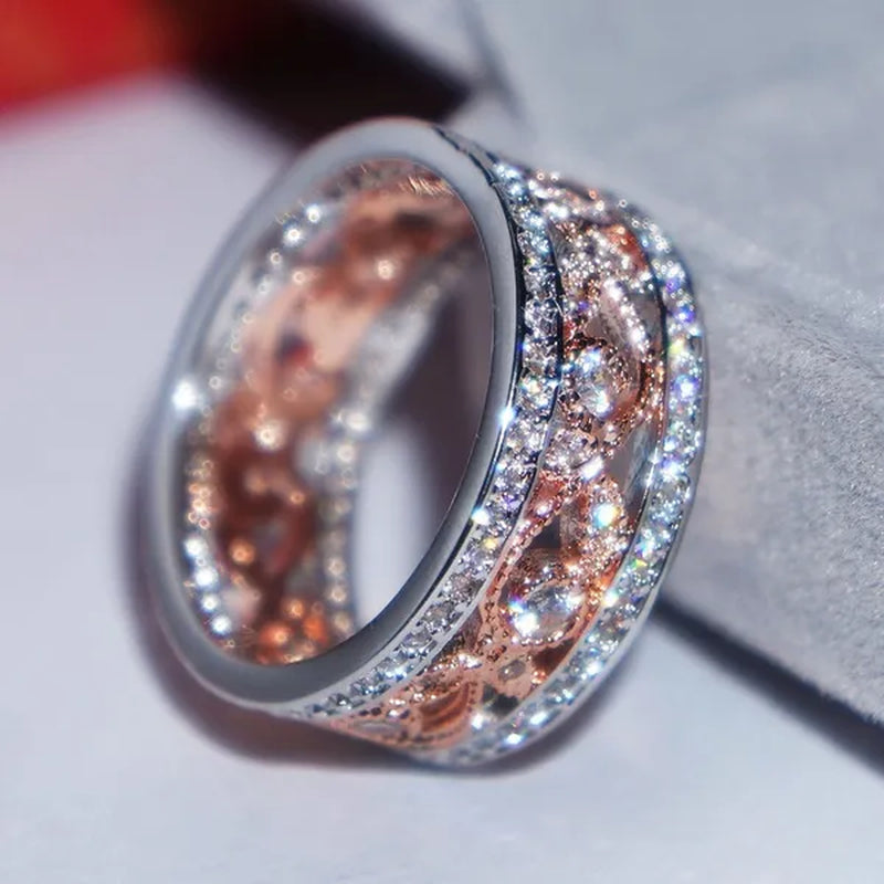 Rose Gold Plated Shiny CZ Flowers Wedding Band White Gold Plated Cubic Zirconia Promise Rings Eternity Jewelry for Women Party Black Friday Deals Fashion Gifts Size 6-9 Christmas & Valentine's Day Jewelry Gifts Vendredi Noir Bijoux