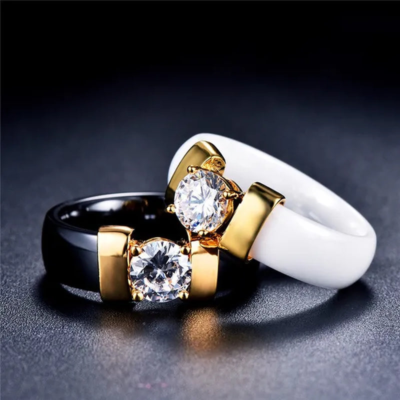 Fashion Male And Female Anti Allergy Black White Ceramic Ring Silver Gold Color Diamond Solitare Ring Wedding Rings For Couple