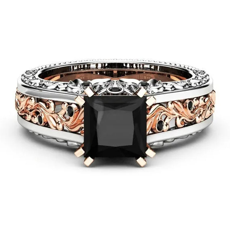 Princess Black Stone Engagement Ring Rose 925 Sterling Silver Wedding Bridal Rings size 5-12
