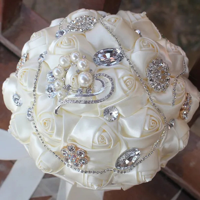 18CM Bride Holding Flowers Shiny Diamond Brooch Pearl Wedding Bouquet Mixed Color Satin Rose Bridesmaid Bouquet Customizable