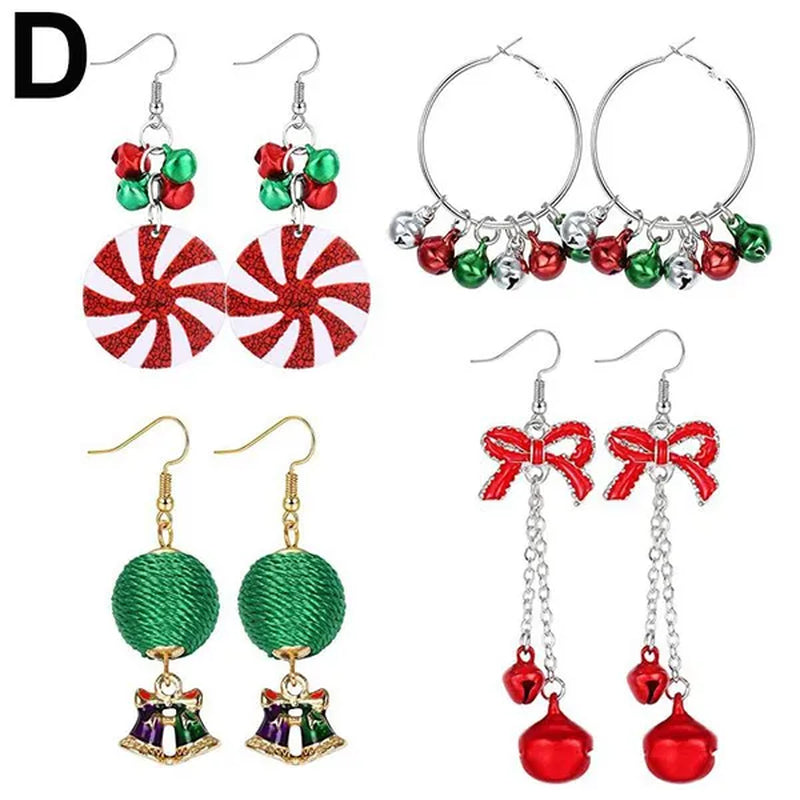 4 Pairs Christmas Earrings for Women Girls Christmas Bell Light Bulbs Hoop Earrings Christmas Tree Jingleball Snowflake Bow Flower Elk Dangle Earrings Christmas Party Jewelry Set Gift