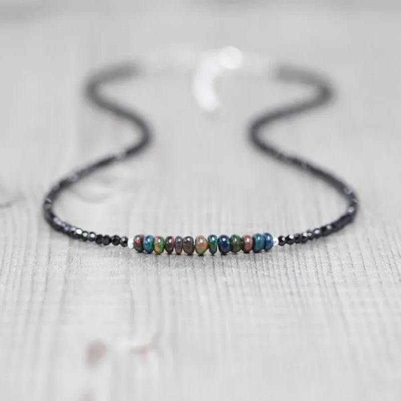 Ethiopian Welo Opal & Black Spinel Necklace. Sterling Silver, Rose, Gold Filled. Dainty Gemstone Choker.