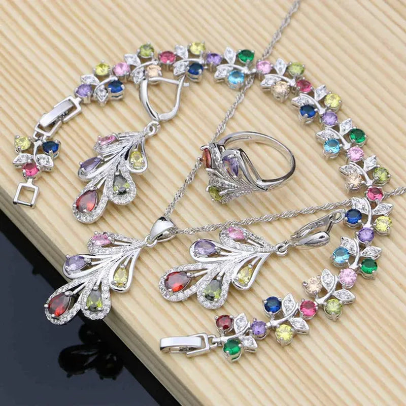925 Silver Bridal Jewelry Sets Multicolor Topaz Charm for Women Party Plant Design Ring Bracelet Set