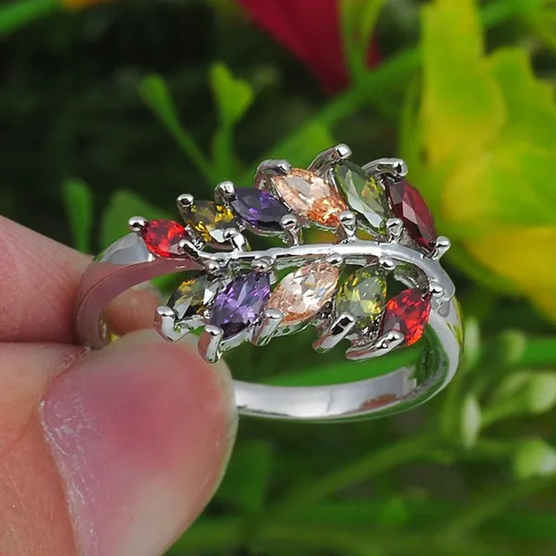 Fashion Woman Jewelry 925 Sterling Silver Natural Genuine Gemstone leaf Sapphire Tanzanite Topaz Emerald Garnet wedding Ring Size6 7 8 9 10
