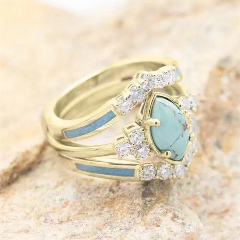 3Pcs/Set Exquisite and Elegant Inlaid Zircon and Turquoise Women'S Ring, Fashionable Bride Engagement Wedding Ring Set Promise Ring, Valentine'S Day, Birthday Gift for Her, Jewelry Accessories - WORLD TIME VISITS