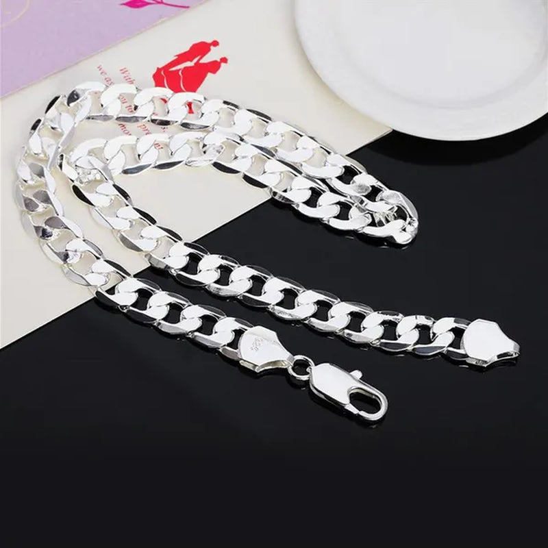 High Quality 925 Sterling Silver 12MM Width Male Jewelry 925 Solid Silver Fashion Jewelry Men Curb Chain Necklace Bracelet 8-30 Inches