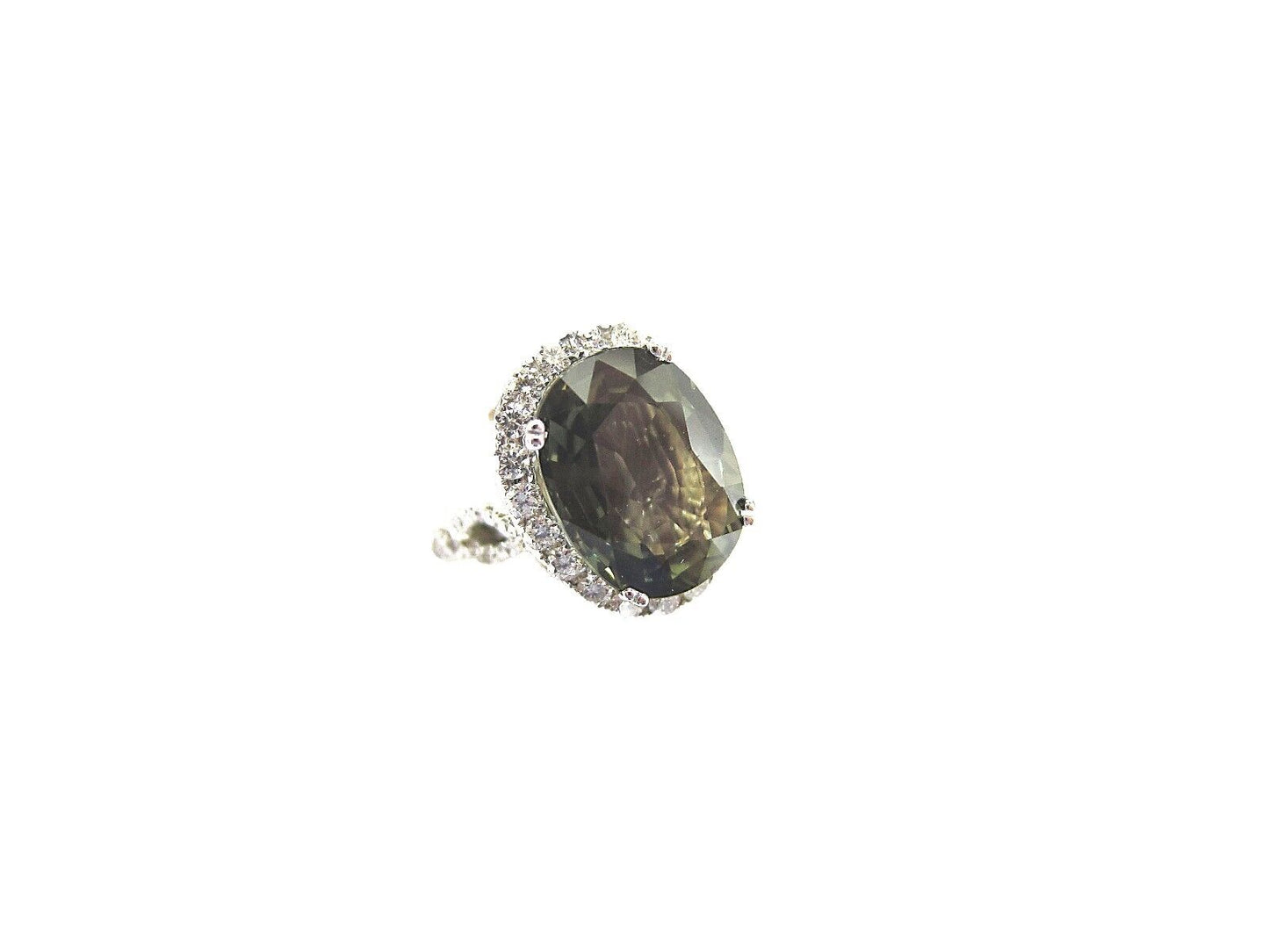 CERTIFIED GREEN SAPPHIRE OVAL FACETED 13.95X10.68X5.37MM SET ROUND DIAMOND HALO