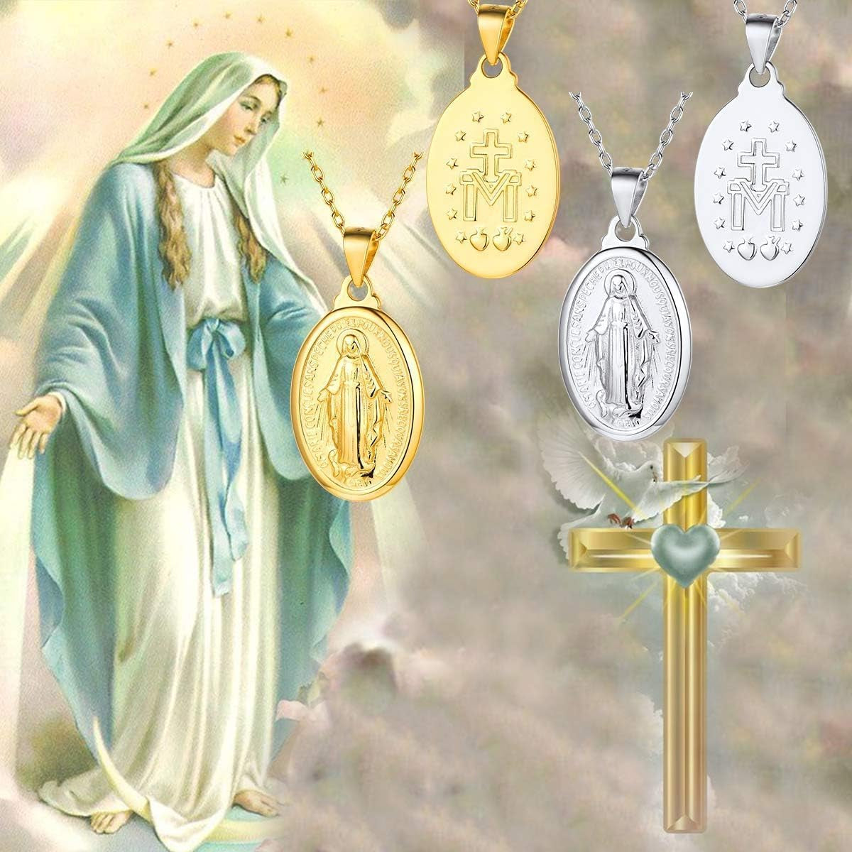 Personalized Virgin Mary Necklace 925 Sterling Silver Religious Christian Jewelry Oval Medal Coin Pendant Necklace for Women Men(With Gift Box)