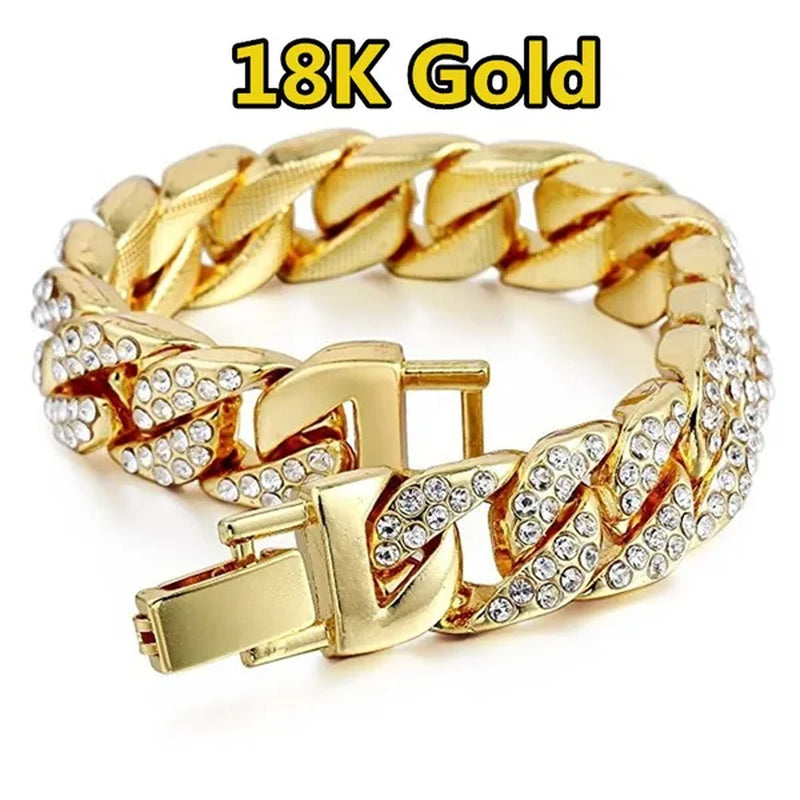 Fashion Mens Womens Chain Hiphop Iced Out Curb Cuban 24K / 18K / 925 Silver Gold Plated Bracelet W Paved Clear Rhinestones Cuban Bracelet