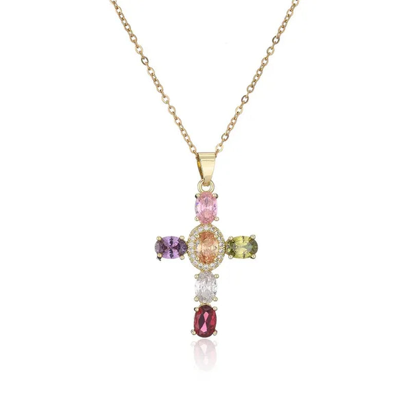 Fashion Jewelry Luxurious Temperament Gold-Plated Sapphire Emerald Ruby Topaz Amethyst Cross Pendant Necklace