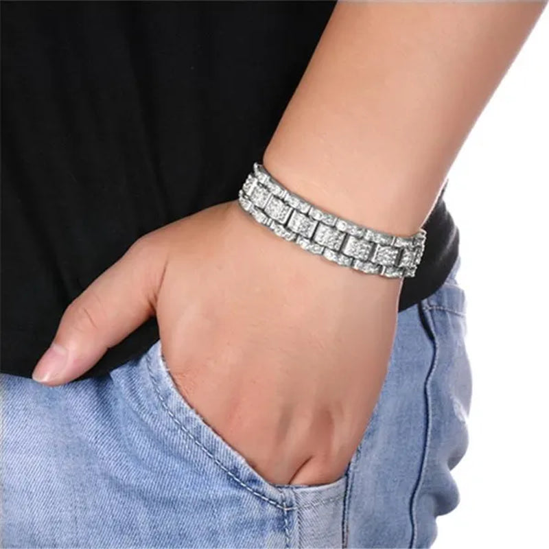 Fashion Men 24K Gold / 925 Silver Plated Solid Stainless Steel Bracelet Iced Diamond Link Chain Bracelet 8.26 Inch Gifts for Men