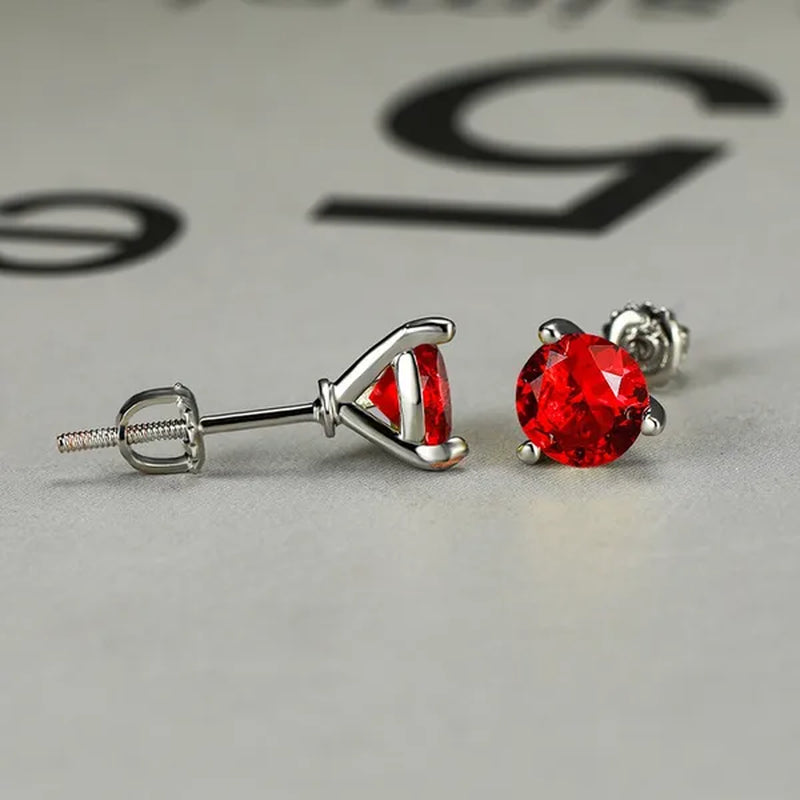 Exquisite Fashion Women Love Princess 925 Silver round Cut Ruby Garnet Three Prong Stud Earrings for Women Bridal Wedding Jewelry Gifts