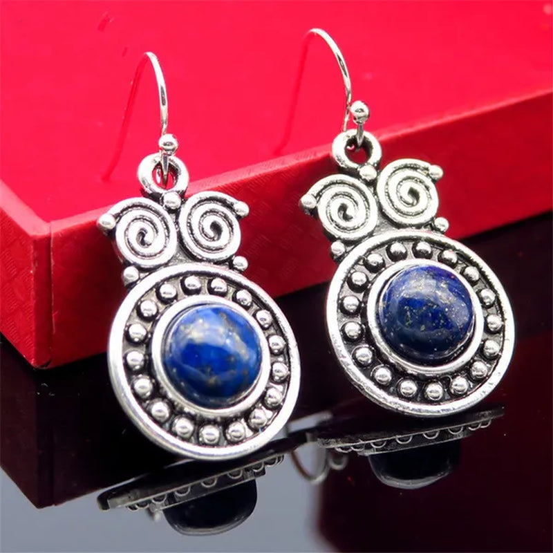 Retro Tibetan Silver Natural Ruby Sapphire Inlay Owl Ear Hook Dangle Earrings Gift for Women - WORLD TIME VISITS