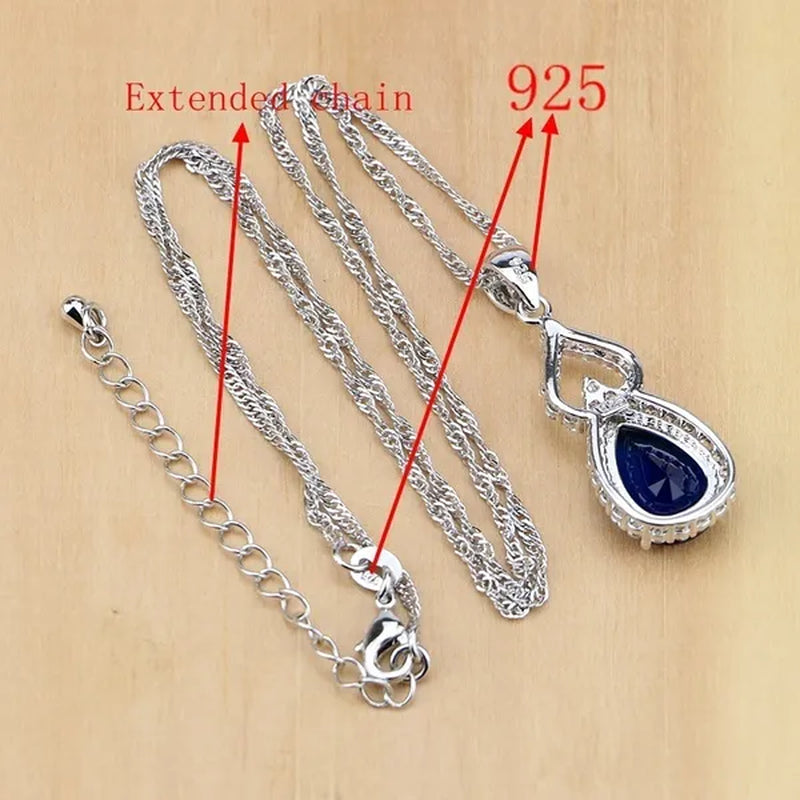 925 Silver Jewelry Sets Blue Sapphire White Topaz Open Rings Earrings Pendant Necklace Bracelet For Bridal Women