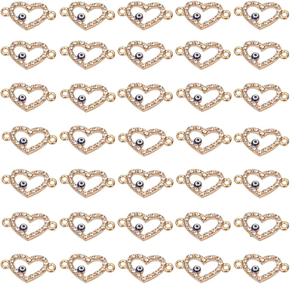 40 Pcs Evil Eye Charm Connector,Alloy Enamel Heart Shape Jewelry Pendants Decorated with White Diamond and Turquoise Double Hole Connector for DIY Bracelet Necklace Jewelry Crafts Making