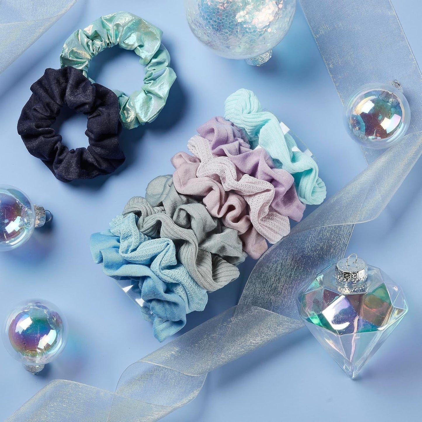 Scunci by Gift Set, Gift Box under $20, Includes 10 Scrunchies in Icy Blue Shades