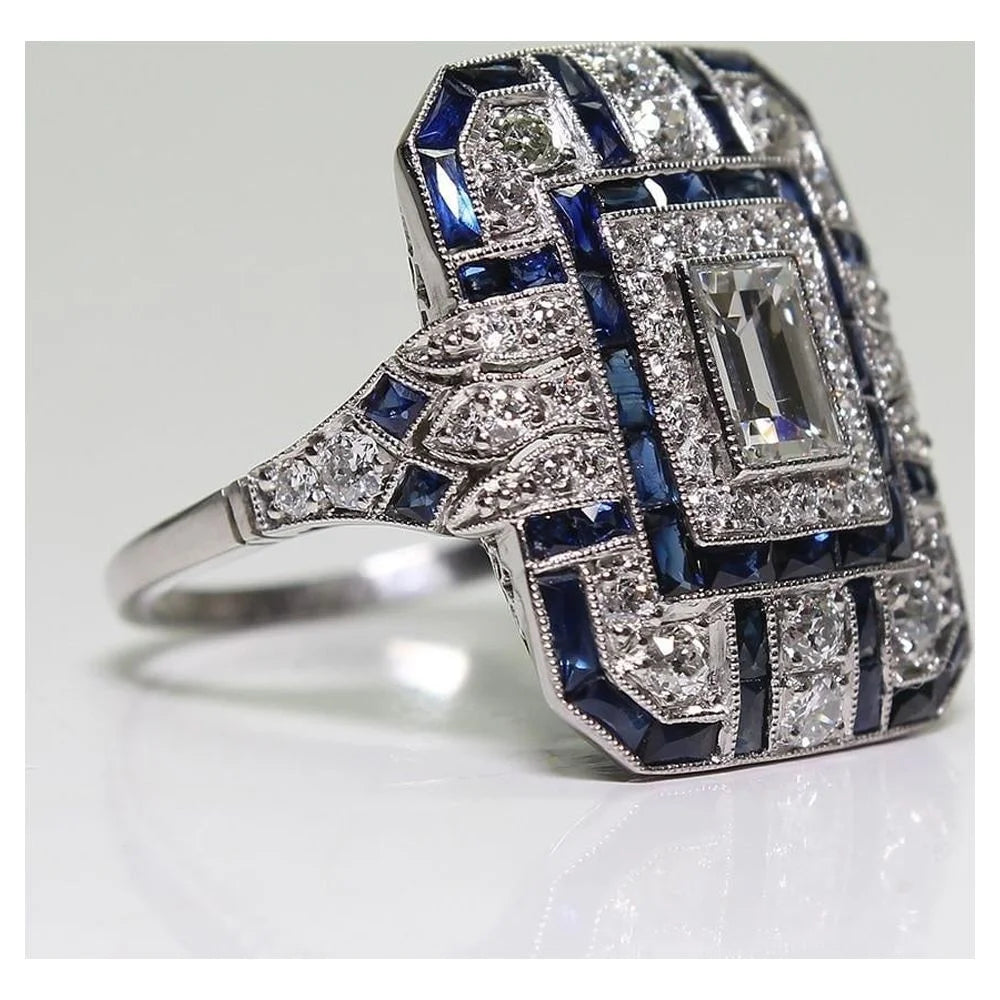 Antique Art Deco 925 Sterling Silver Sapphire Diamond Ring
