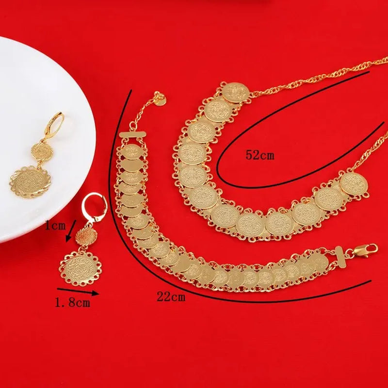 Dubai Gold Plated Jewelry Set For Women African Ethiopian Jewelry Antique Coin Bracelet Earrings Necklace Set