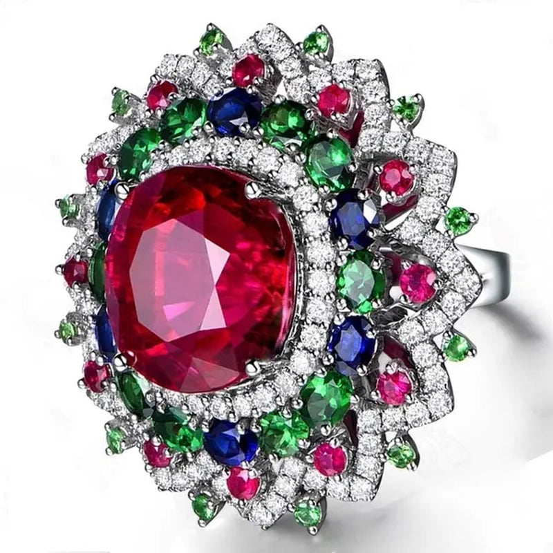 Luxury Silver Ruby & Emerald & Sapphire & White Sapphire Natural stone Birthstone Gemstones Engagement Eyes Brand Flower Rings Wedding Anniversary Bride Women Ring Size 678910