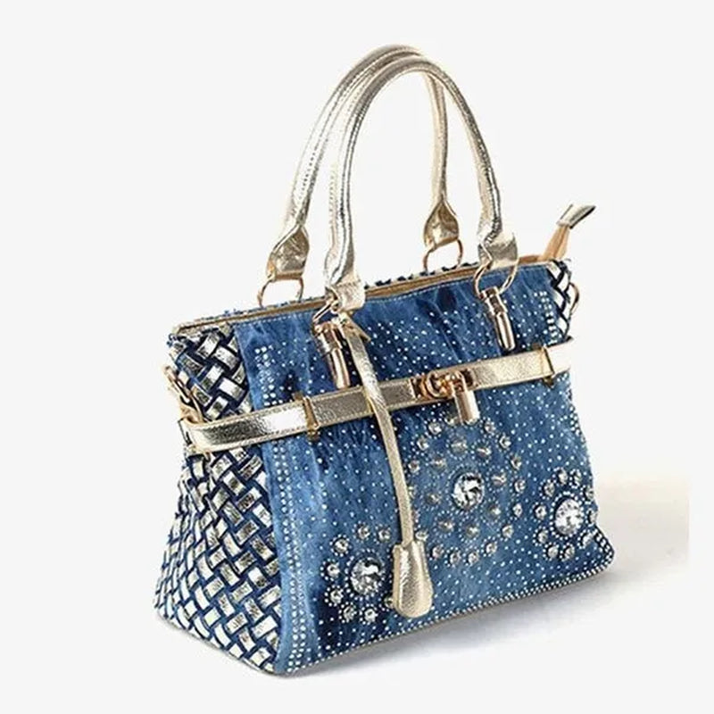 Womens Handbag Large Oxford Shoulder Bags Patchwork Jean Style and Denim Diamond Decoration Totes
