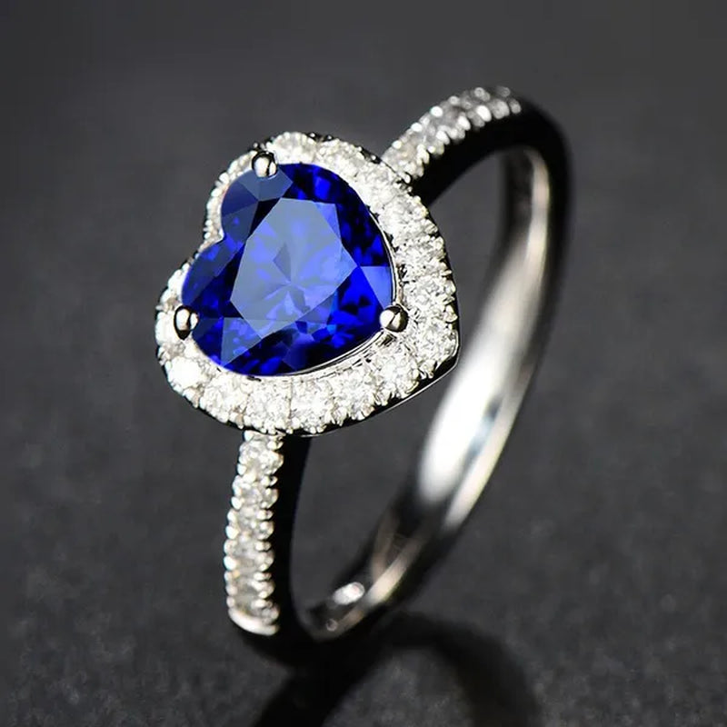 925 Sterling Silver Blue Sapphire Heart Promise Ring for Women Girl Size 5-10