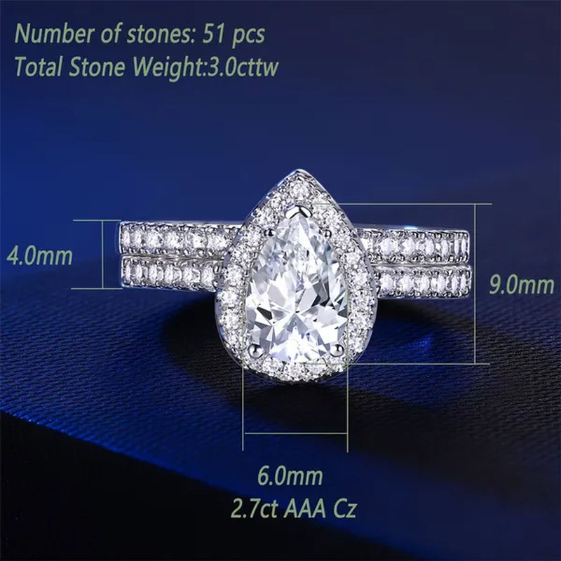Newshe Halo Pear Shape Solid 925 Sterling Silver Wedding Engagement Rings For Women Water Drop AAAAA Bridal Set Sz 4-13