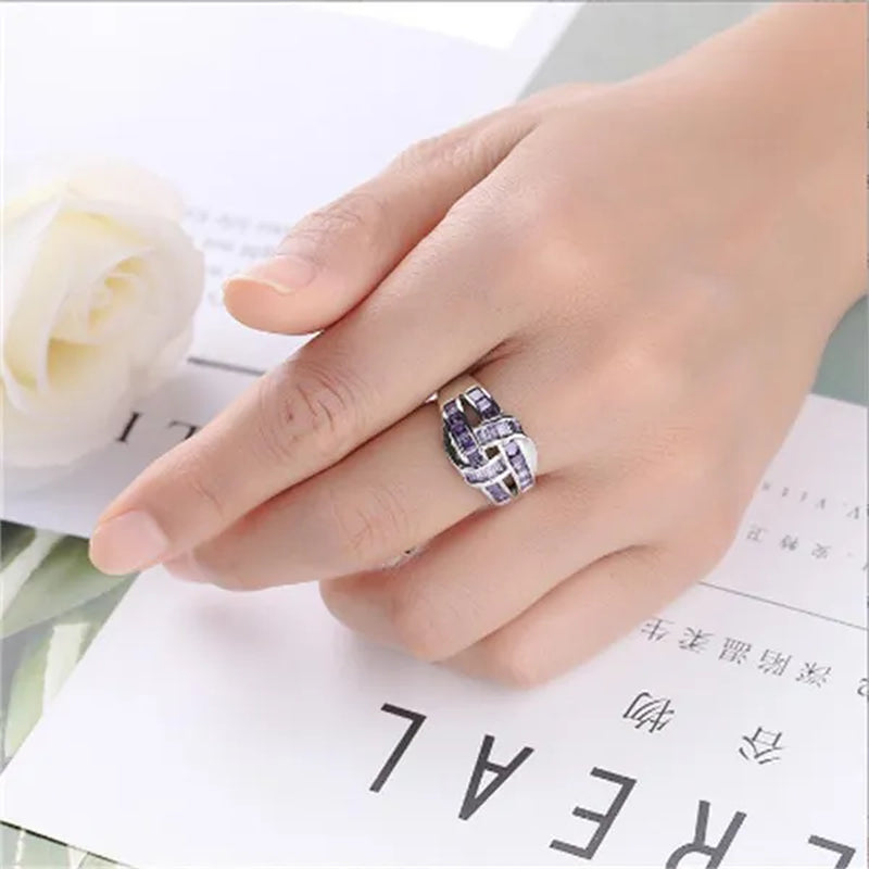 Princess Silvering Purple Amethyst Gemstone Birthstone Wedding Engagement Heart Ring