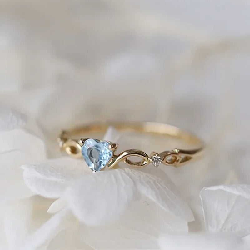 Women Dainty 18k gold plated Skyblue Heart Shaped Sapphire Diamond Gemstone Ring