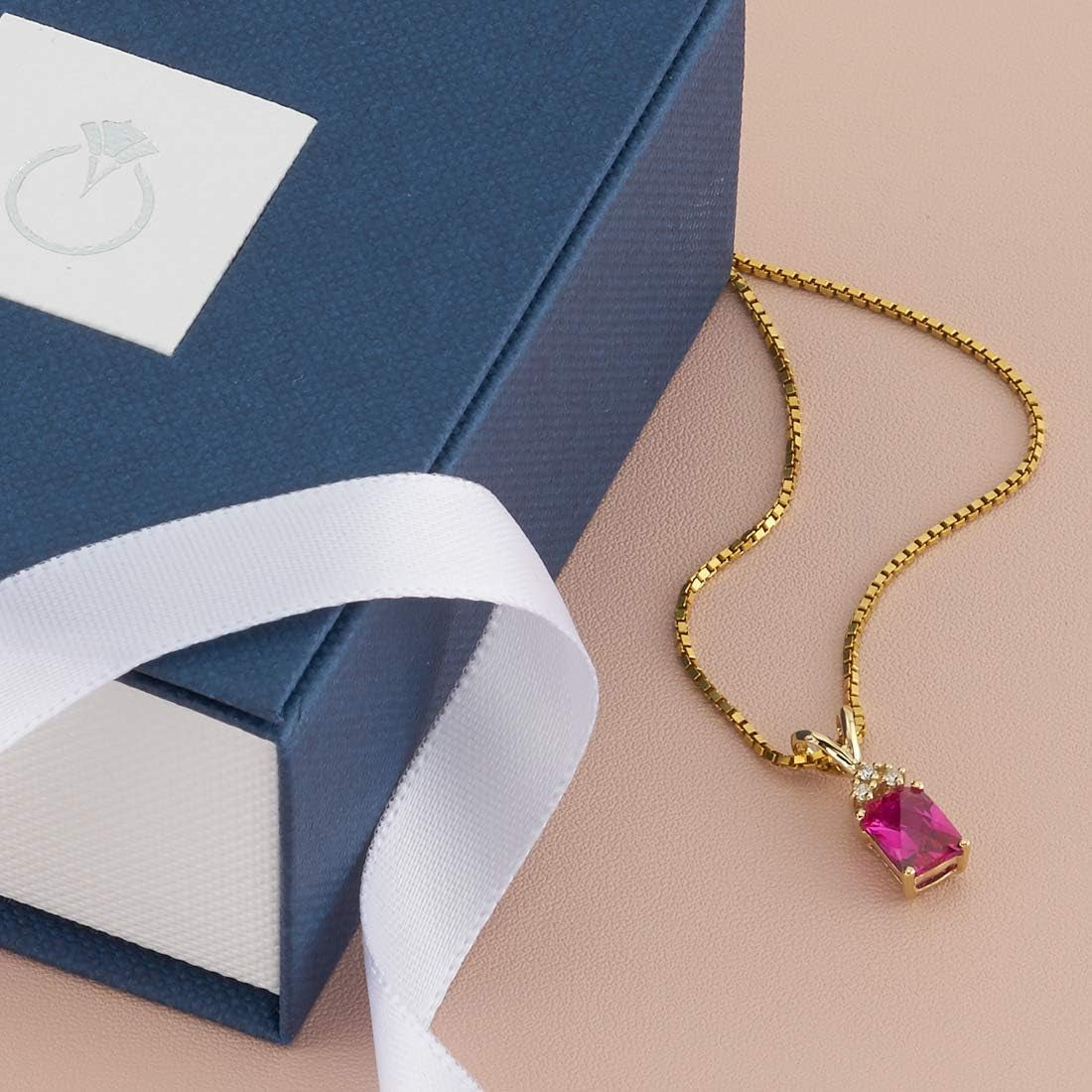 Created Ruby with Genuine Diamond Pendant in 14 Karat Yellow Gold, Elegant Solitaire, Radiant Cut, 7X5Mm, 1.30 Carats Total, Sparkling V-Day Gift Valentines Gift for Women
