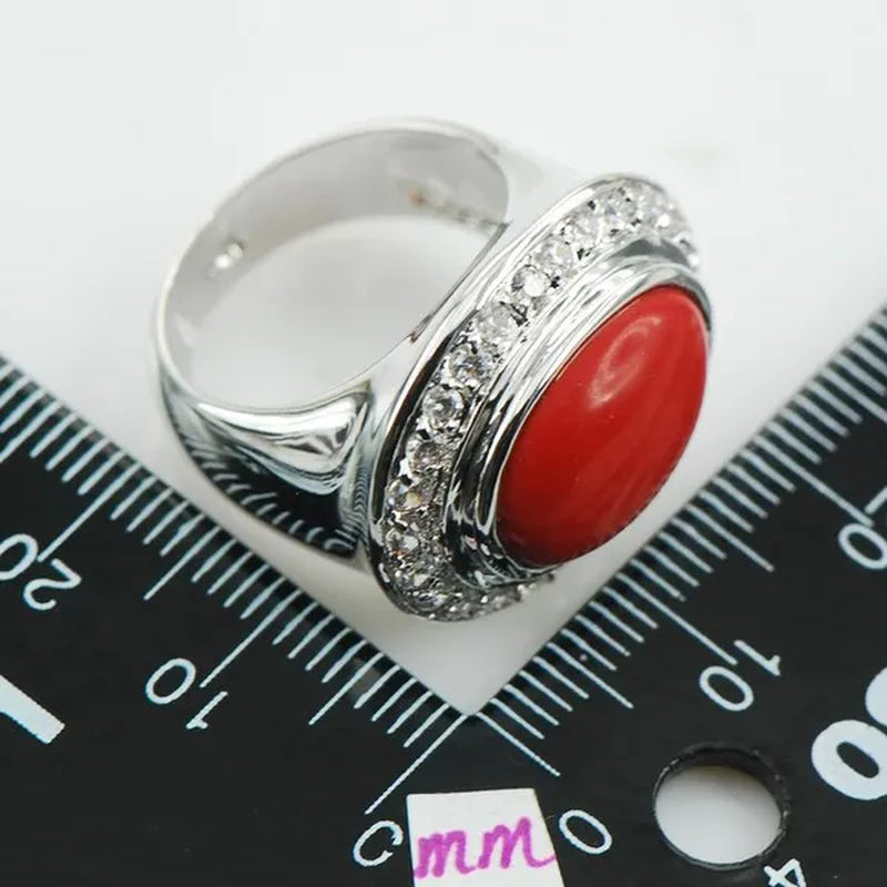 Red Coral White Topaz 925 Sterling Silver Fashion Ring Size 6 7 8 9 10 F986