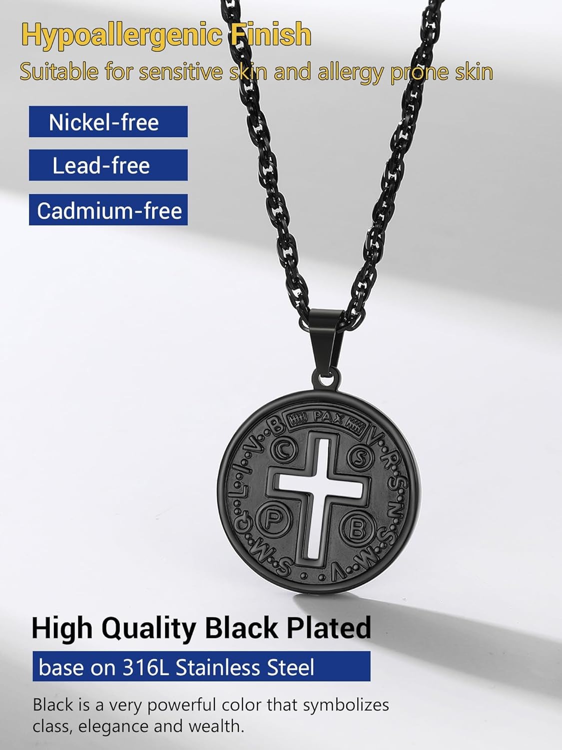 Stainless Steel Saint Benedict Medal Necklace, Protection Jewelry for Men Women, 18K Real Gold Plated, 22Inch-24Inch Adjustable, Come Gift Box