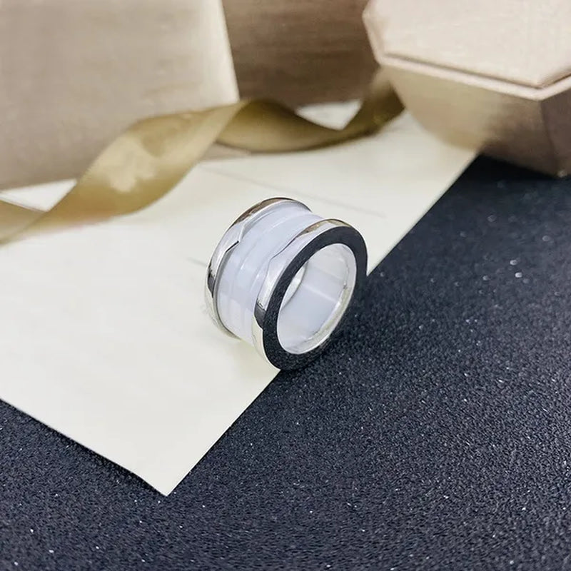 Spring Ring Titanium Steel 18K Rose Gold Plated Black and White Ceramic Ring