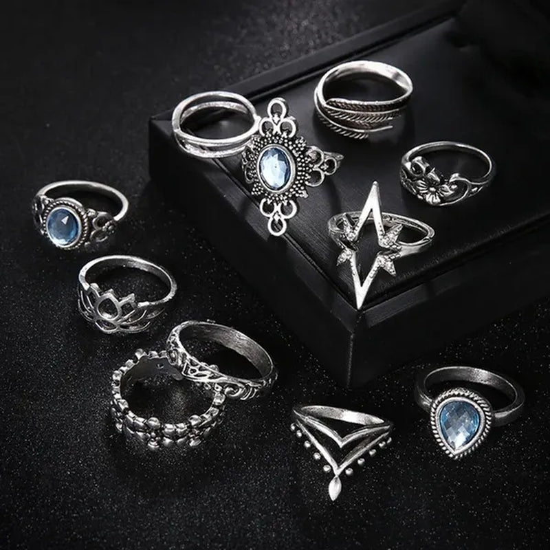 11Pcs/Set Retro Finger Ring Set Boho Crown Star Silver Carved Knuckle Rings for Women Jewelry Gifts