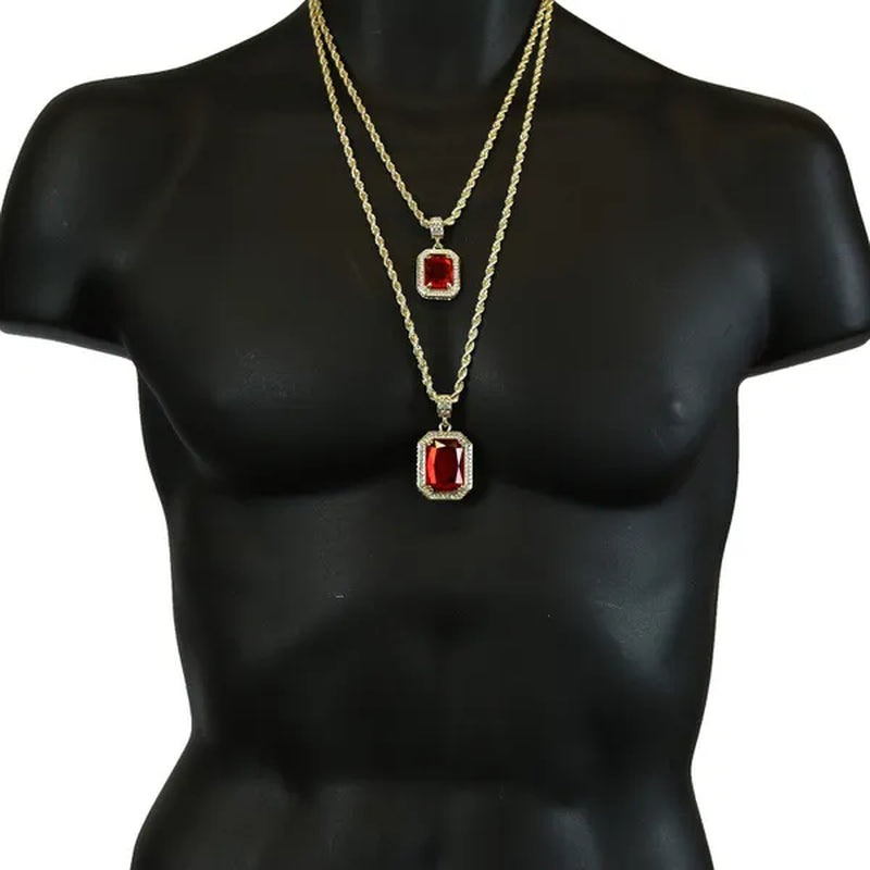 Men's 14k Gold Plated High Fashion 2 square Simulated Ruby Pendant 4mm 30" & 24" Rope chains Necklace