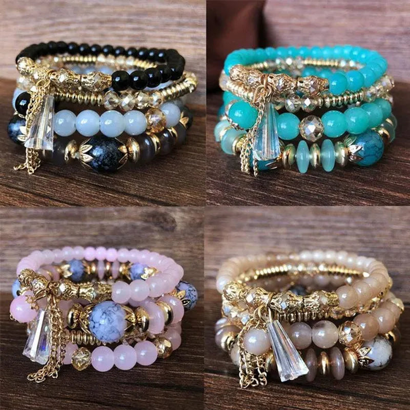 Women'S Bohemian Creative Beaded Crystal Bracelet 4 Pack Multi-Layer Beaded Fashion Bracelet