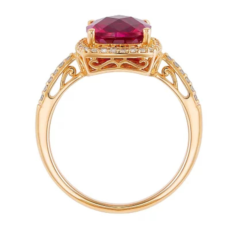 Cushion Cut Created Ruby Ring with Diamonds in 14K Yellow Gold