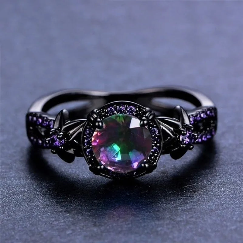 Bamas Mystic Rainbow Fire Topaz Flower Ring Purple Amethyst Black Gold color Jewelry Size 5-12 Bague Femme
