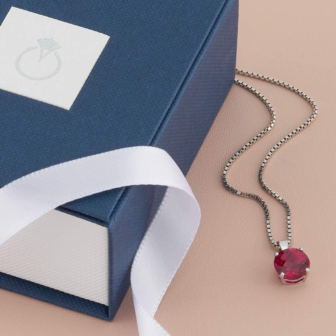 Created Ruby Pendant in 14 Karat White Gold, Classic Solitaire, round Shape, 8Mm, 2.50 Carats Total