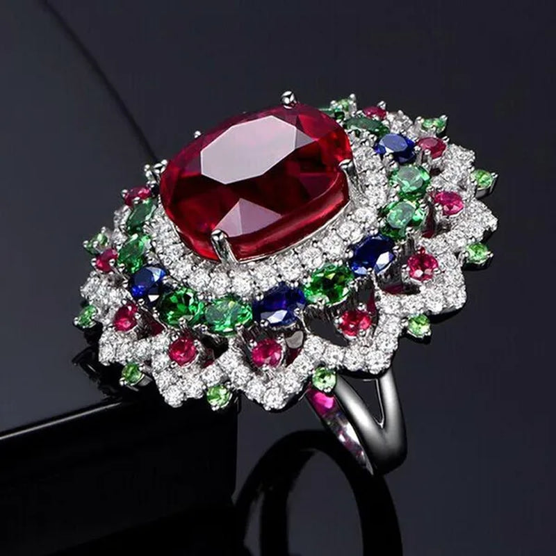 Luxurious Silver Natural Gemstones Ruby And Emerald and Sapphire White Sapphire Wedding Birthstone Bride Engagement Flower Ring Jewelry Size 6 7 8 9 10