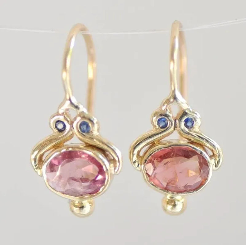 Unique Blue Sapphire Oval Pink Tourmaline Gemstone Dangle Hook Earrings Women Jewelry Gifts