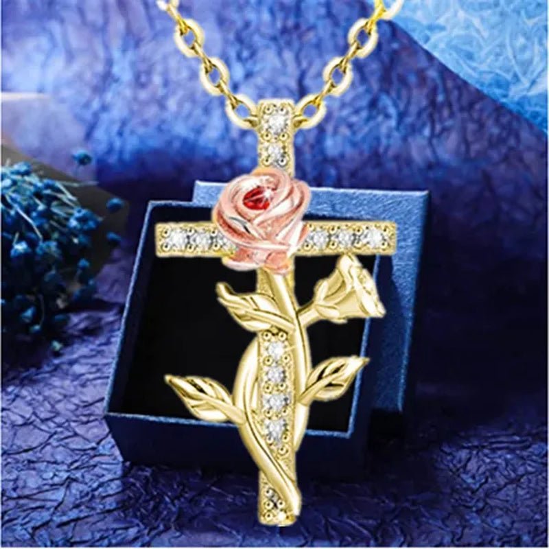 Elegant Fashion Creative Cross Rose Necklace Natural Crystal Cross Diamond Necklace Religious Cross Flower Pendant Women's Necklace Wedding Pendant Birthday Party Anniversary Gift - WORLD TIME VISITS