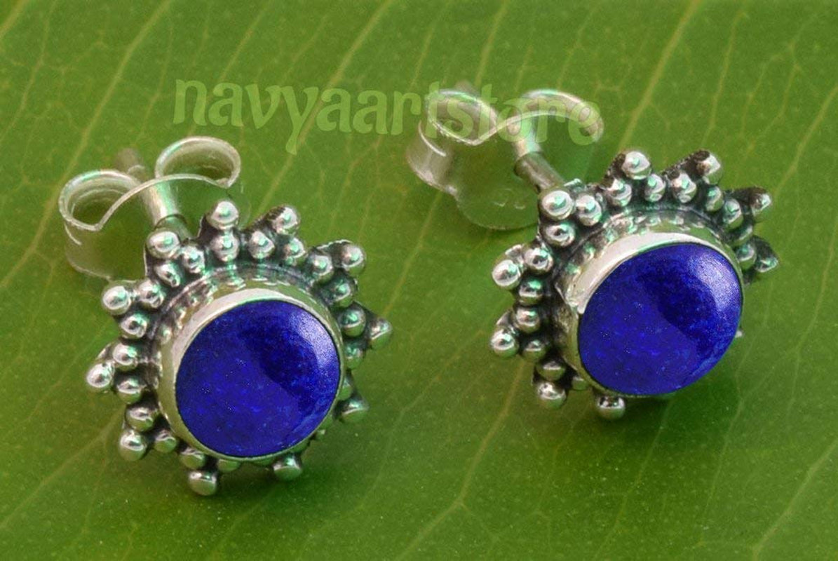Lapis Lazuli Stone Stud Earring, Handmade 925 Sterling Silver Stud Earrings for Women and Girls, Solitaire Stud Earring, round Stone Stud Earrings, Gift Jewelry for Her