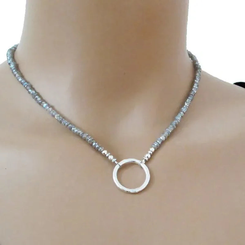 Mystic Labradorite Necklace Sterling Silver Hammered Circle of Life DJStrang Boho Gemstone Wedding Bride Bridesmaid Gift Sundance Style
