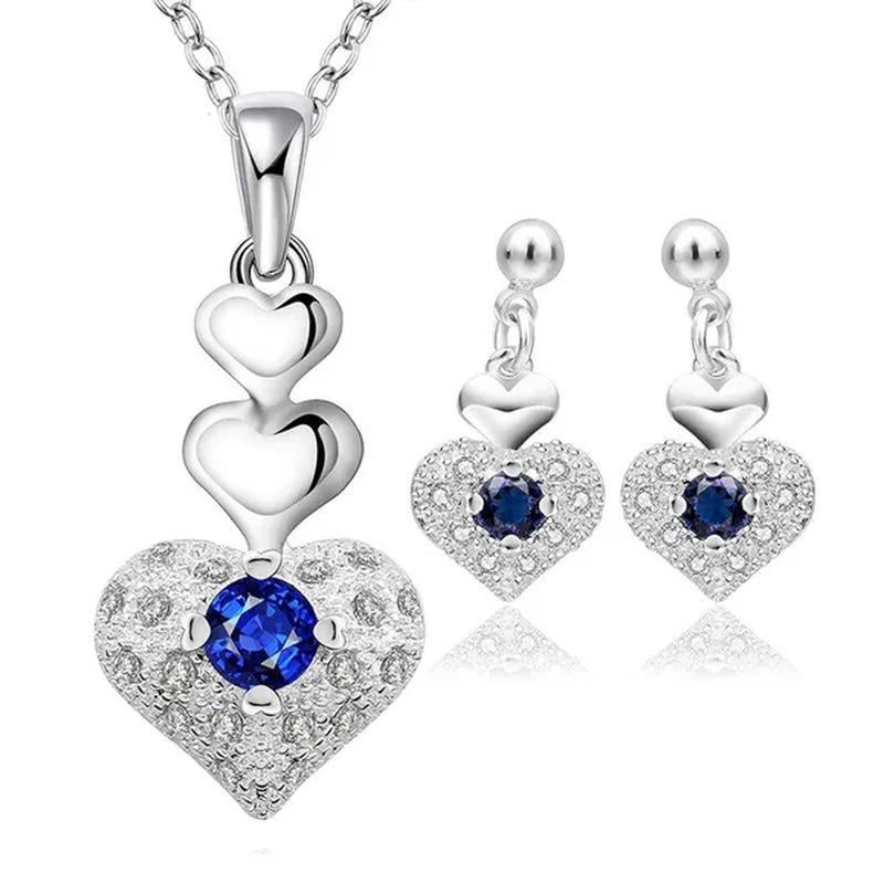 925 Sterling Silver Heart Blue Zircon Crystal Pendant Necklace Earrings for Women Party Wedding Jewelry Set