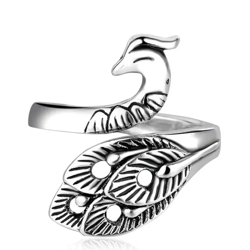 Fashion Retro 925 Sterling Silver Peacock Phoenix Open Adjustable Ring Women's Cocktail Party Animal Ring - WORLD TIME VISITS